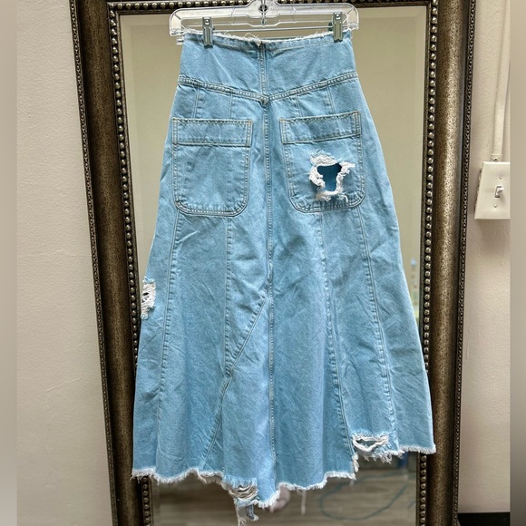 We The Free Riptide Denim Maxi Skirt | Sz 0 (XS) | Distressed Plaid Patchwork - Picture 4 of 9
